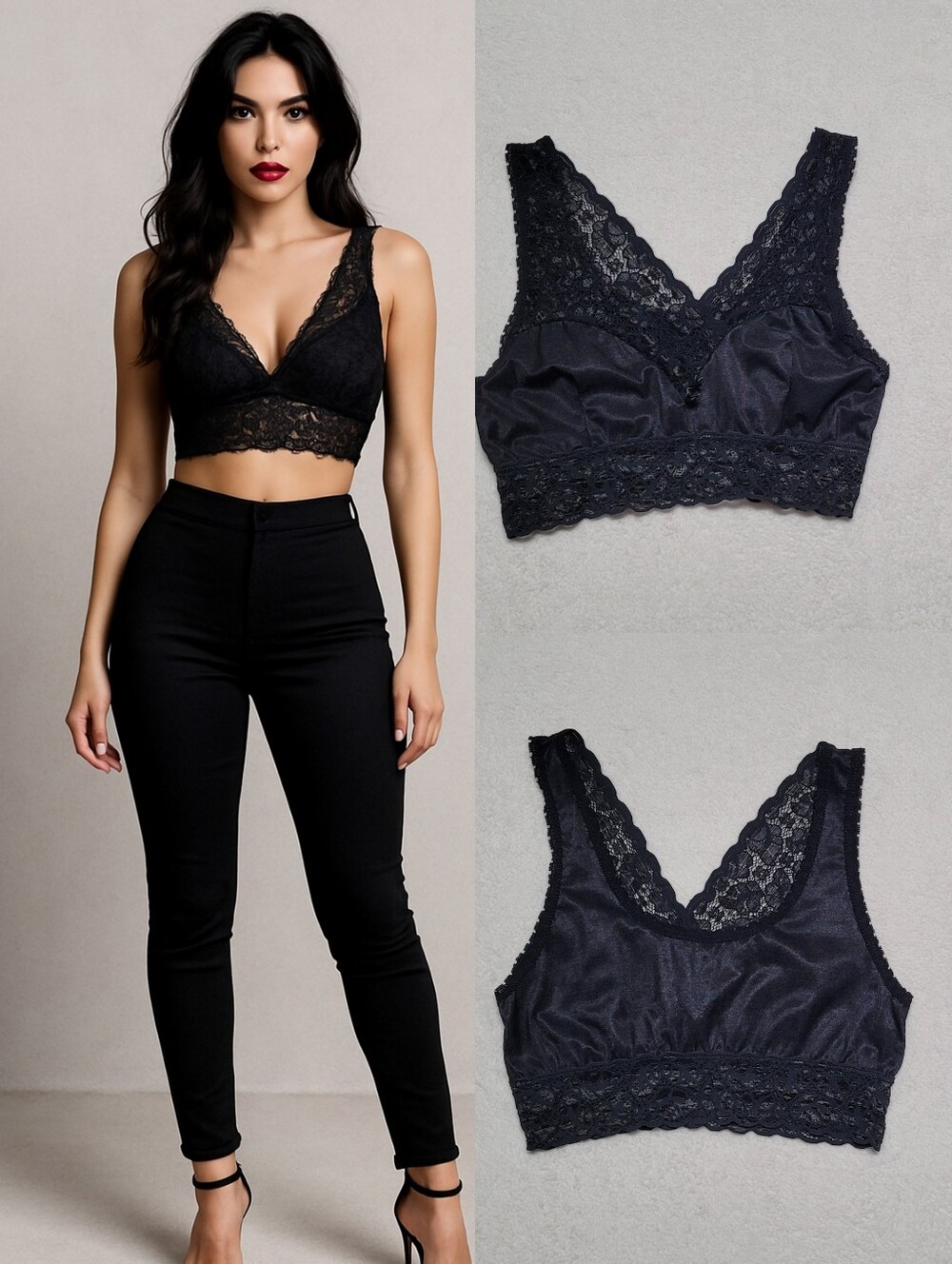 1970s Vintage Body Secrets Black Stretchy Satin Sheer Lace Crop Top Bralette L